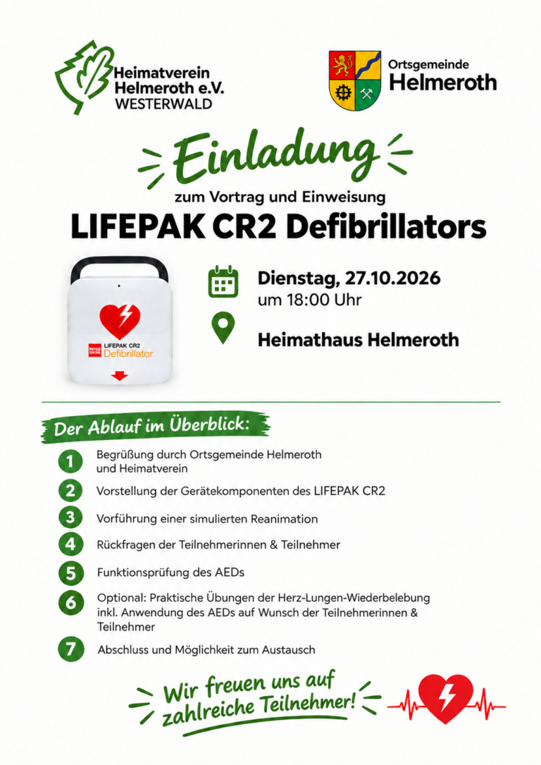 Einladung zum Vortrag & zur Einweisung: Neuer LIFEPAK CR2 Defibrillator in Helmeroth